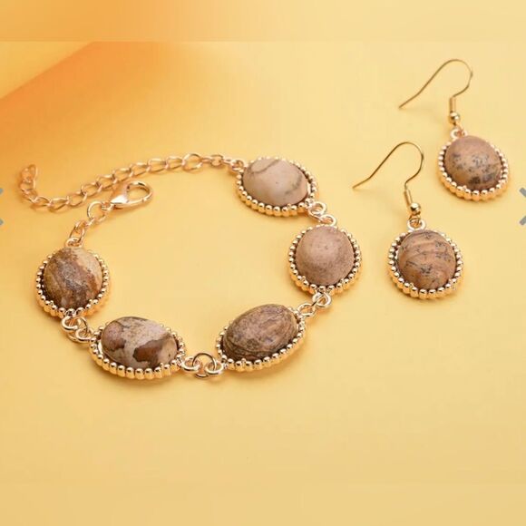 NIB Picture Jasper Stone Bracelet & Earrings Set, Gold - Picture 1 of 8